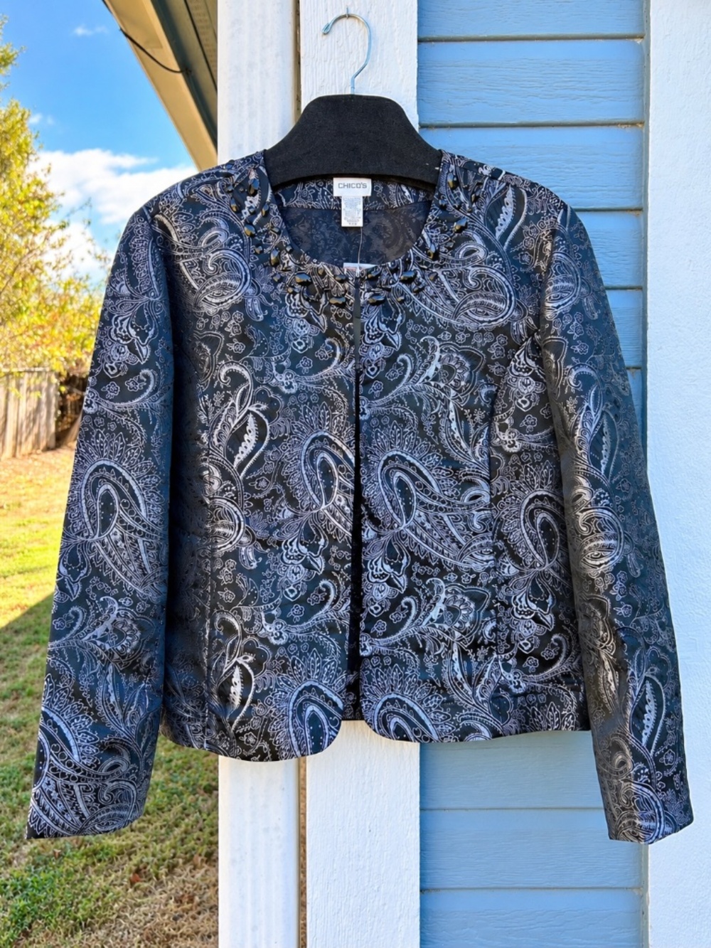 Chico’s Art to Wear Jacket Sz 3 NWT Beaded Metallic Paisley Black Silver